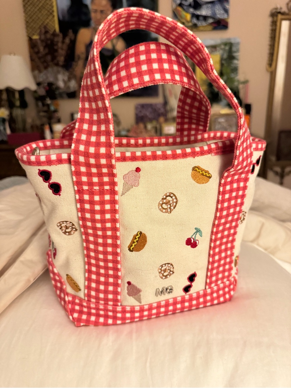 NYC Madden Girl Red Gingham Mini Tote with Dessert Embroidery
